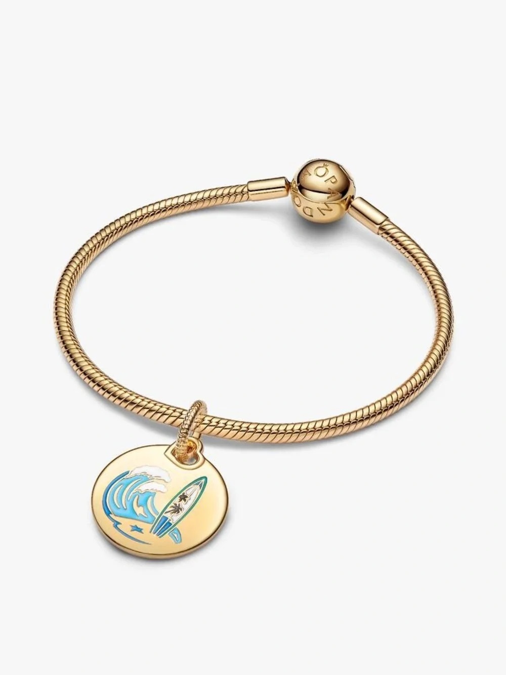 Pandora Gold Surfboard Disc Charm Bracelet with Blue and Green Enamel